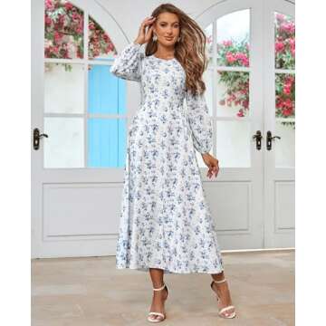 HTZMO Women's Puff Long Sleeve Floral Maxi Dress Tie Waist Flowy Swing 2025 Casual Summer Long Dresses White M