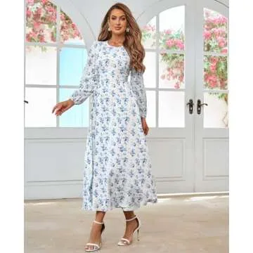 HTZMO Women's Puff Long Sleeve Floral Maxi Dress Tie Waist Flowy Swing 2025 Casual Summer Long Dresses White M