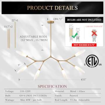 Modern 6-Light Chandelier Elegance Sputnik Chandelier for Dining Room L50’’ Large Glass Chandelier Adjustable Branch Pendant Light Fixture for Living Room Kitchen Bedroom