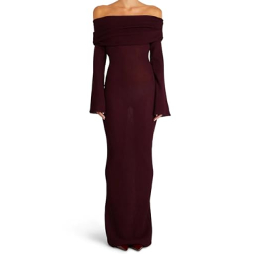 Women's Elegant Fall Off Shoulder Burgundy Maxi Dress