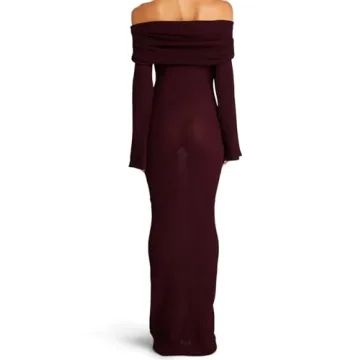 Women's Elegant Fall Off Shoulder Burgundy Maxi Dress