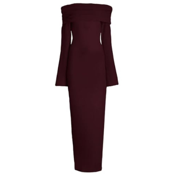 Women's Elegant Fall Off Shoulder Burgundy Maxi Dress