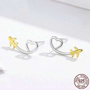 925 Sterling Silver Earrings for Women Heart-Shaped Airplane Small Earrings Stud Trendy Unique Aesthetic Dainty Minimalist Hippie Kpop Earrings Bulk