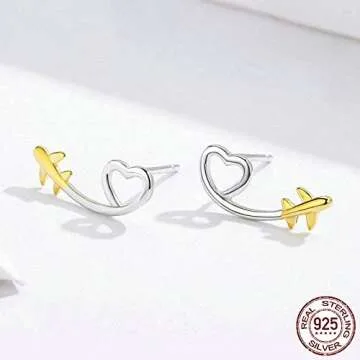 925 Sterling Silver Earrings for Women Heart-Shaped Airplane Small Earrings Stud Trendy Unique Aesthetic Dainty Minimalist Hippie Kpop Earrings Bulk