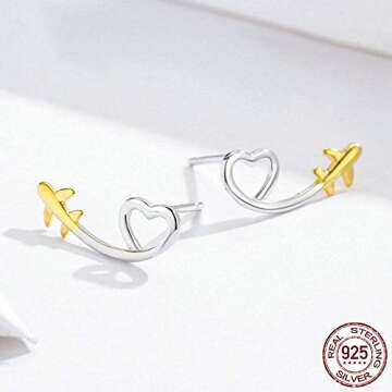 925 Sterling Silver Earrings for Women Heart-Shaped Airplane Small Earrings Stud Trendy Unique Aesthetic Dainty Minimalist Hippie Kpop Earrings Bulk