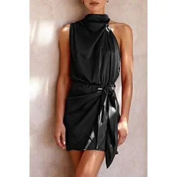 PRETTYGARDEN Women's Short Formal Satin Dress Summer Sleeveless Mock Neck Tie Waist Cocktail Party Dresses (Black,Medium)