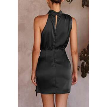 PRETTYGARDEN Women's Short Formal Satin Dress Summer Sleeveless Mock Neck Tie Waist Cocktail Party Dresses (Black,Medium)