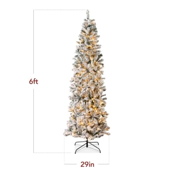 Best Choice Products Flocked Pencil Christmas Tree, Pre-Lit Slim Artificial Holiday Decoration, 6ft Lighted Skinny w/Base, Warm White Lights
