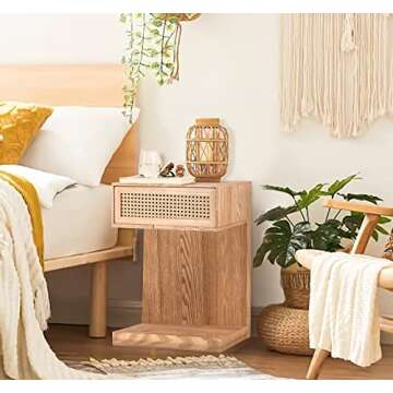 Rattan Nightstand, Side Table with Drawer, Modern Boho Nightstands, Mid-Century Coffee Table, End Ta...