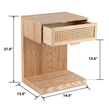 Rattan Nightstand, Side Table with Drawer, Modern Boho Nightstands, Mid-Century Coffee Table, End Table with Storage, Small Side Tables Bedside Table for Bedroom Living Room Balcony