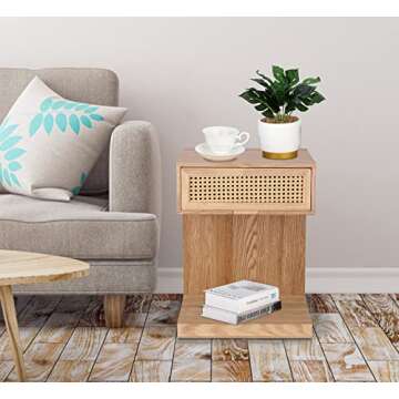Rattan Nightstand, Side Table with Drawer, Modern Boho Nightstands, Mid-Century Coffee Table, End Table with Storage, Small Side Tables Bedside Table for Bedroom Living Room Balcony