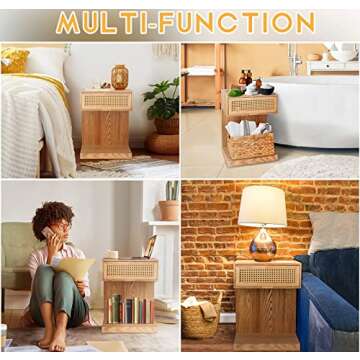 Rattan Nightstand, Side Table with Drawer, Modern Boho Nightstands, Mid-Century Coffee Table, End Table with Storage, Small Side Tables Bedside Table for Bedroom Living Room Balcony