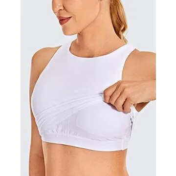 CRZ YOGA Women's High Neck Longline Sports Bra - Padded Racerback Yoga Bra Crop Tank Top with Built in Shelf Bra White Medium