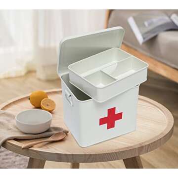 Xbopetda First Aid Kit, First Aid Medicine Supplies Bin - 2-Tier Metal Medicine Storage Tin, Samll First Aid Box with Removable Tray for Home & Workplace Emergency Tool Set - White