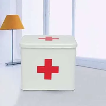 Xbopetda First Aid Kit, First Aid Medicine Supplies Bin - 2-Tier Metal Medicine Storage Tin, Samll First Aid Box with Removable Tray for Home & Workplace Emergency Tool Set - White