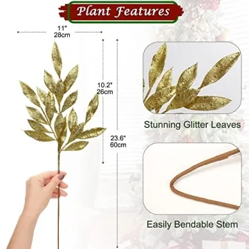 DILATATA 6Pcs Christmas Glitter Leaves Bay Leaves Spray 24" Artificial Gold Bay Leaf Picks Sprays Giltter Stems for Christmas Tree DIY Xmas Wreath Garland Home Decor - Gold