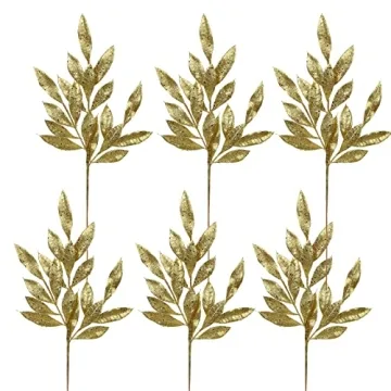 DILATATA 6Pcs Christmas Glitter Leaves Bay Leaves Spray 24" Artificial Gold Bay Leaf Picks Sprays Giltter Stems for Christmas Tree DIY Xmas Wreath Garland Home Decor - Gold