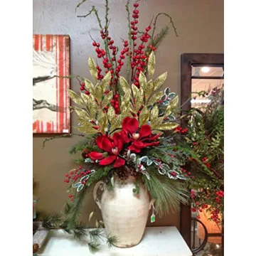 DILATATA 6Pcs Christmas Glitter Leaves Bay Leaves Spray 24" Artificial Gold Bay Leaf Picks Sprays Giltter Stems for Christmas Tree DIY Xmas Wreath Garland Home Decor - Gold