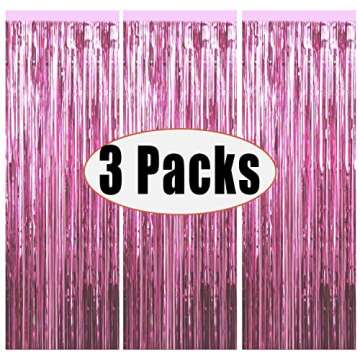 3 Packs 3.2ft x 6.6ft Light Pink Metallic Tinsel Foil Fringe Curtains Photo Booth Props for Birthday...