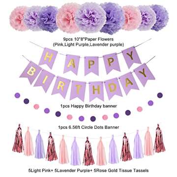 Amandir Purple Birthday Decorations for Women Girl Butterfly Birthday Party Decorations Supplies Pin...