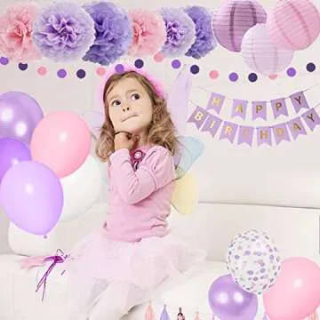 Amandir Purple Birthday Decorations for Women Girl Butterfly Birthday Party Decorations Supplies Pink and Purple Balloons Happy Birthday Circle Dots Banner Butterfly Hanging Swirl Paper Lanterns Pom