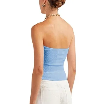 Womens Strapless Crop Top Sexy Sweetheart Neck Ribbed Knit