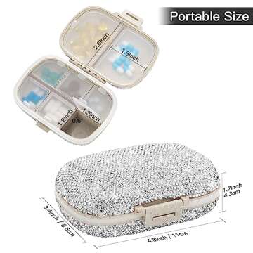 Soleebee Portable 8 Compartments Daily Pill Organizer, Bling Crystal Diamond Pill Box, Small Travel Pill Case, Pill Dispenser, Medicine Container Organizer to Hold Vitamin, Fish Oil (Silver)