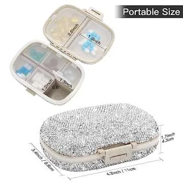 Soleebee Portable 8 Compartments Daily Pill Organizer, Bling Crystal Diamond Pill Box, Small Travel Pill Case, Pill Dispenser, Medicine Container Organizer to Hold Vitamin, Fish Oil (Silver)