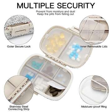 Soleebee Portable 8 Compartments Daily Pill Organizer, Bling Crystal Diamond Pill Box, Small Travel Pill Case, Pill Dispenser, Medicine Container Organizer to Hold Vitamin, Fish Oil (Silver)