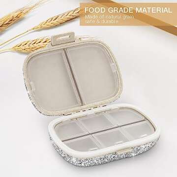 Soleebee Portable 8 Compartments Daily Pill Organizer, Bling Crystal Diamond Pill Box, Small Travel Pill Case, Pill Dispenser, Medicine Container Organizer to Hold Vitamin, Fish Oil (Silver)