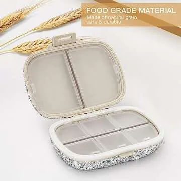 Soleebee Portable 8 Compartments Daily Pill Organizer, Bling Crystal Diamond Pill Box, Small Travel Pill Case, Pill Dispenser, Medicine Container Organizer to Hold Vitamin, Fish Oil (Silver)