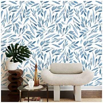 HAOKHOME Boho Peel and Stick Wallpaper Blue Branches Leaves Removable Vinyl Self Adhesive Contact Pa...