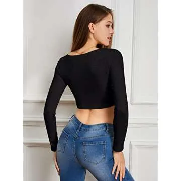 Butgood Women's V Neck Long Sleeve Crop Top 2023 Fall Twist Knot Front Going Out Sexy Cute Shirt Tops Black
