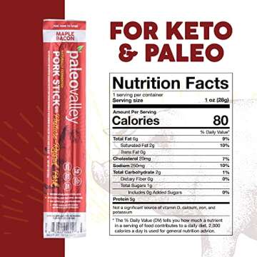 Paleovalley Pasture-Raised Pork Sticks - Maple Bacon Flavor Meat Sticks Individually Wrapped, 28g - 10 Sticks - Gluten-Free Protein Snack