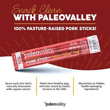 Paleovalley Pasture-Raised Pork Sticks - Maple Bacon Flavor Meat Sticks Individually Wrapped, 28g - 10 Sticks - Gluten-Free Protein Snack