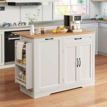 YITAHOME 50 Inch Rolling Kitchen Island with Trash Can Storage Cabinet & Drop Leaf, Portable Mobile Islands Table Long Floating Movable w Wheels Drawer Cabinet for 13 Gallon Garbage Bin, Off White