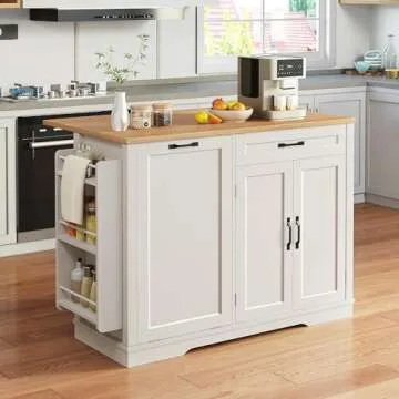 YITAHOME 50 Inch Rolling Kitchen Island with Trash Can Storage Cabinet & Drop Leaf, Portable Mobile Islands Table Long Floating Movable w Wheels Drawer Cabinet for 13 Gallon Garbage Bin, Off White