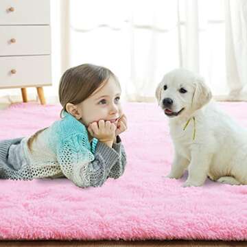 Softlife Ultra Soft Fluffy Area Rugs for Bedroom, Girls and Boys Room Kids Room Nursery Rug, 4 x 5.3 Feet Pink Shaggy Fur Indoor Plush Modern Floor Carpet for Living Room Christmas Decor