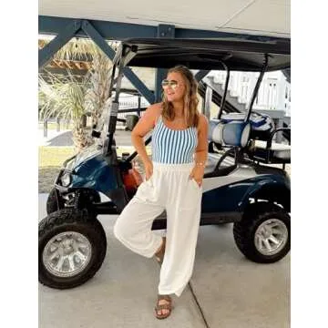 Springrain Womens Baggy Wide Leg Pants Cotton Elastic Waisted Loose Palazzo Harem Pants with Pockets(White-S)