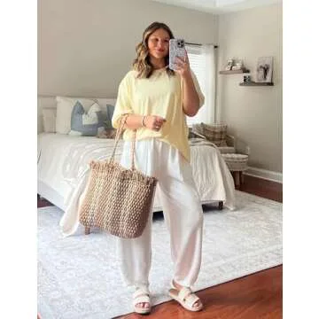 Springrain Womens Baggy Wide Leg Pants Cotton Elastic Waisted Loose Palazzo Harem Pants with Pockets(White-S)