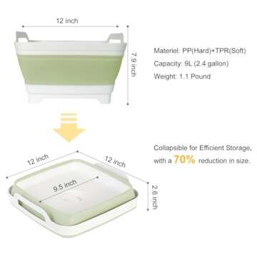 Collapsible Dish Tub 9L - Portable Sink Basin Bucket - Outdoor Multiuse Foldable Sink Tub Wash Dish Basin for Kitchen, RV, Camping (Green)