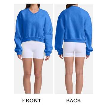 Hatant Sweatshirt for Women Acid Wash Athletic Hoodies Heritage Fleece V-neck Long Sleeve Hoodie Y2K Crop Pullover Women Sweatshirt Cotton Fleece Lined Hoodies Workout Pullover Shirt Bright Blue-M