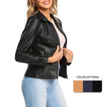 S P Y M Womens Faux Leather Jacket, Casual Fashion Quilted Zip Up Suede Coat With Elastic Rib