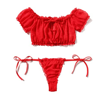 Avidlove Women's Self Tie Ruffle Trim Lingerie Set – Sexy Red Bra and Panty Set