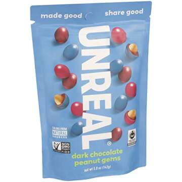 UNREAL Dark Chocolate Peanut Gems - Certified Vegan Fair Trade, Non-GMO - Made with Gluten Free Ingredients and Colors from Nature - No Sugar Alcohols or Soy - 6 Bags