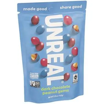 UNREAL Dark Chocolate Peanut Gems - Certified Vegan Fair Trade, Non-GMO - Made with Gluten Free Ingredients and Colors from Nature - No Sugar Alcohols or Soy - 6 Bags