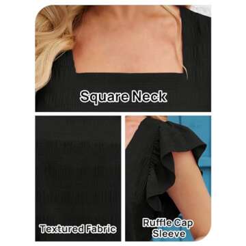 MEROKEETY Women's 2025 Summer Ruffle Cap Sleeve Blouse Square Neck Textured Shirt Dressy Casual Tops, Black, XL