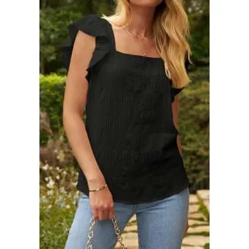 MEROKEETY Women's 2025 Summer Ruffle Cap Sleeve Blouse Square Neck Textured Shirt Dressy Casual Tops, Black, XL