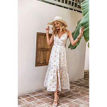 Narspeer Women's Spring Flowy Dress Embroidered Long Dress Summer Spaghetti Straps Floral Maxi Dress Yellow S