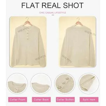 SHEWIN Womens Sweaters Casual Long Sleeve V Neck Button Lightweight Waffle Knit Tops for Women,(US 4-6) S,Khaki